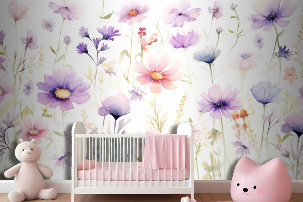 A Painting Of A Bunch Of Flowers On A White Background Wallpaper Mural