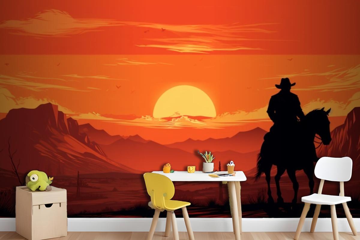 A Painting Of A Cowboy Riding A Horse In Front Of A Sunset Wallpaper Mural