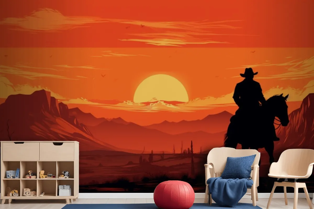 A Painting Of A Cowboy Riding A Horse In Front Of A Sunset Wallpaper Mural