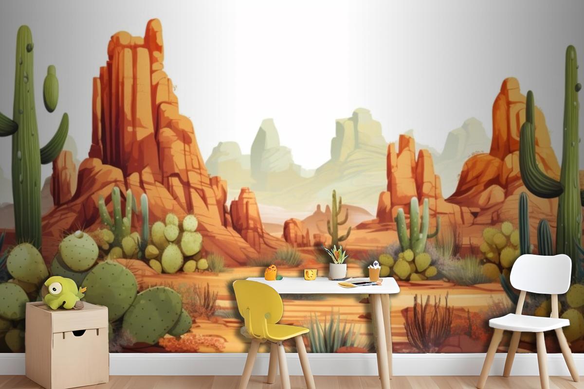 A Painting Of A Desert Landscape With Cactus And Desert Landscape Wallpaper Mural