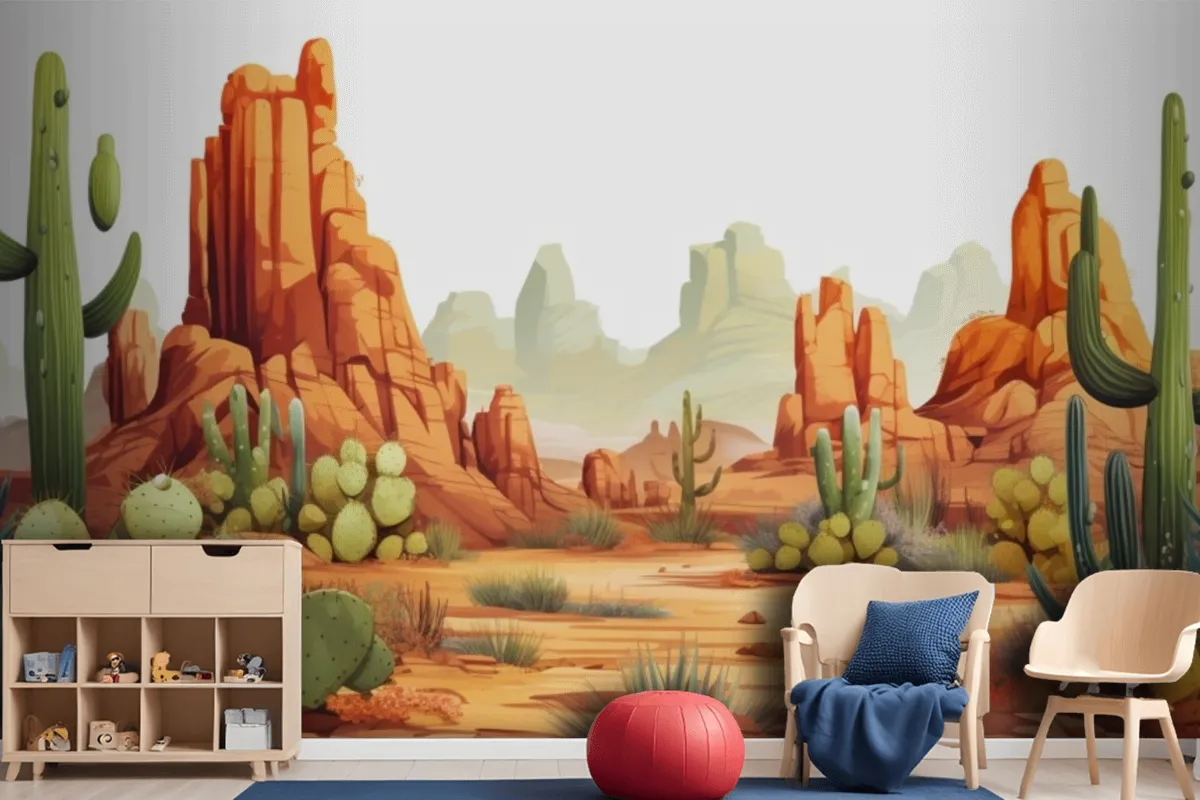 A Painting Of A Desert Landscape With Cactus And Desert Landscape Wallpaper Mural