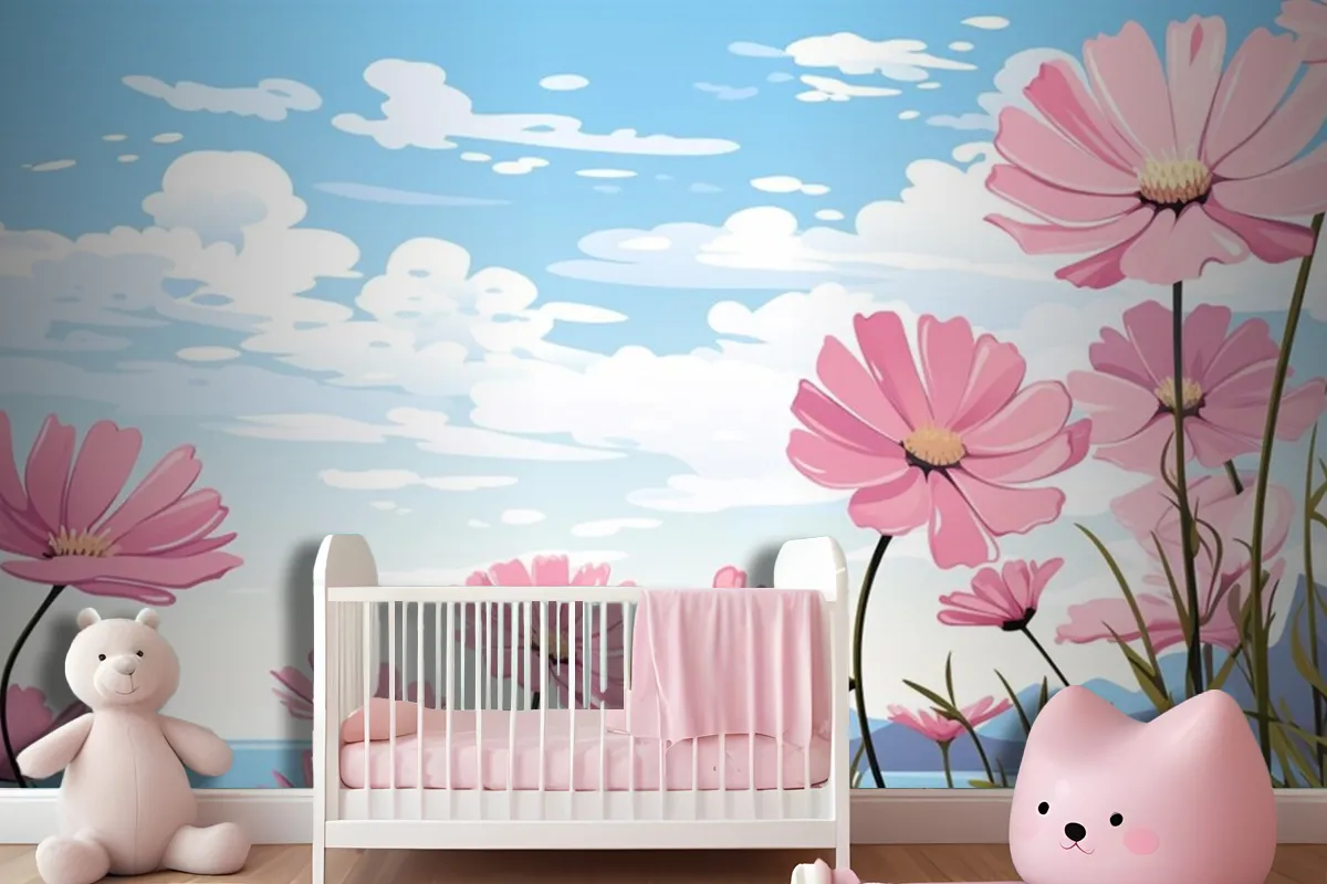 A Painting Of Pink Flowers In The Sky With The Words Daisies Wallpaper Mural