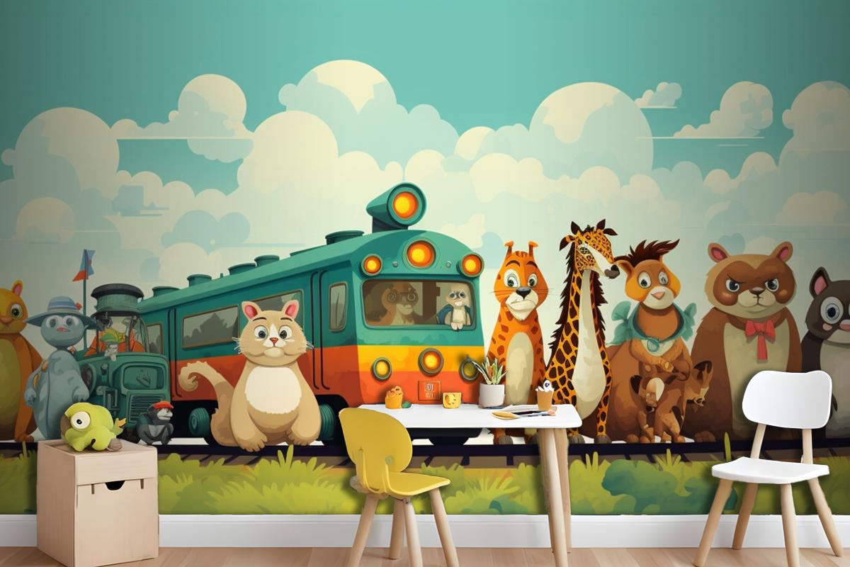 A Train With Animals On The Top And A Train With The Words Giraffes On The Front Wallpaper Mural