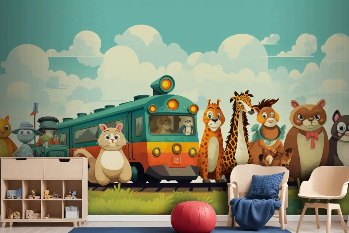 A Train With Animals On The Top And A Train With The Words Giraffes On The Front Wallpaper Mural