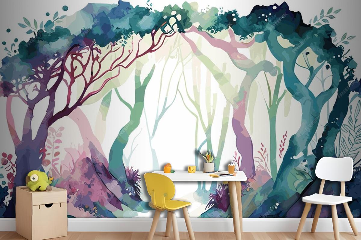 A Watercolor Painting Of A Forest With A Path Leading To It Wallpaper Mural