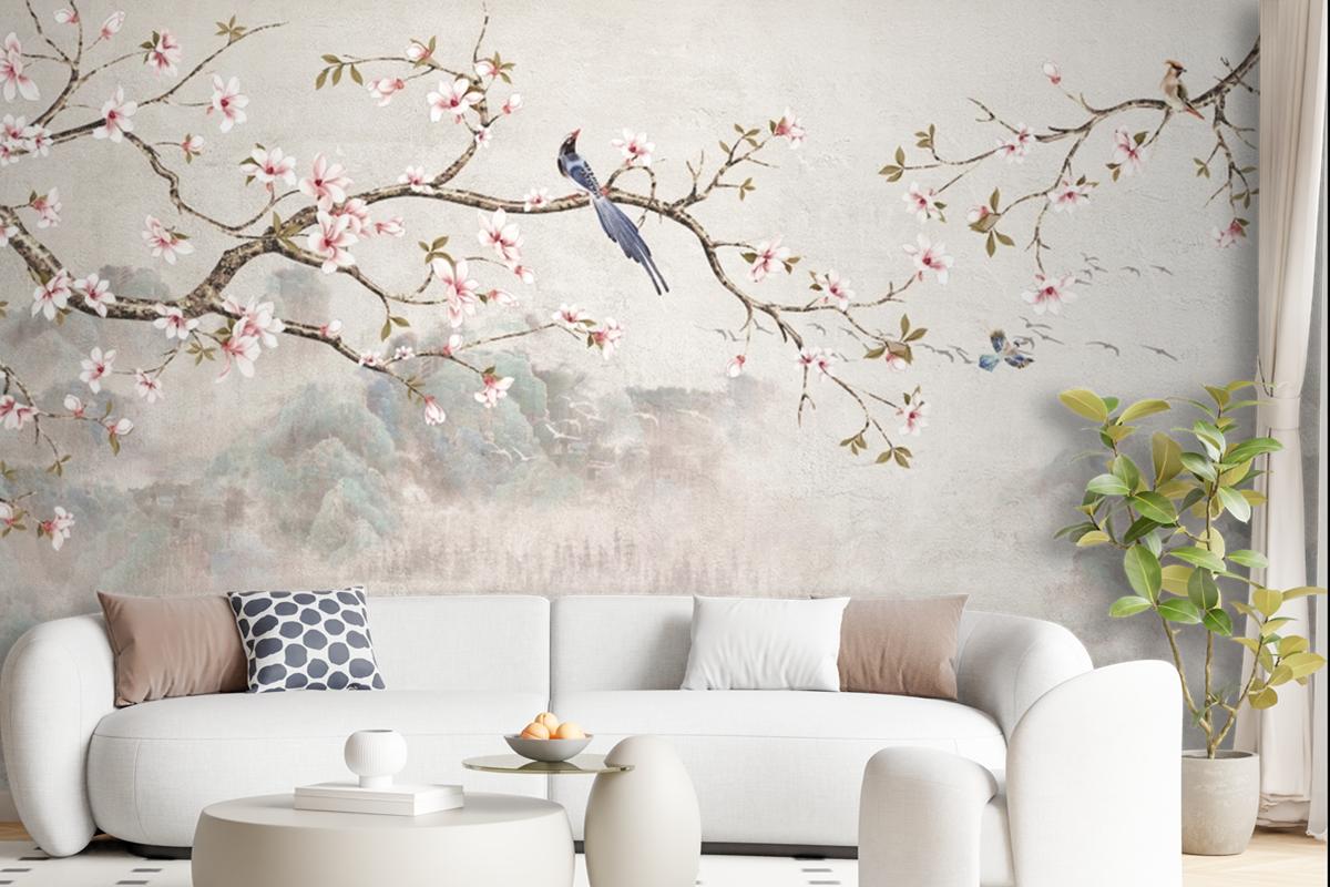 Chinoiserie With Cherry Blossom Flowers And Bird Wallpaper Mural