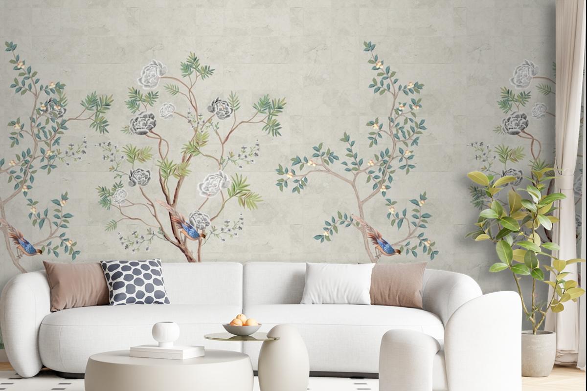 Spring Seamless Background Tree And Bird Chinoiserie Beautiful Wallpaper Mural