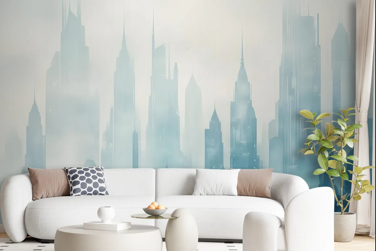 Abstract Blue Monochrome City Landscape Wallpaper Mural