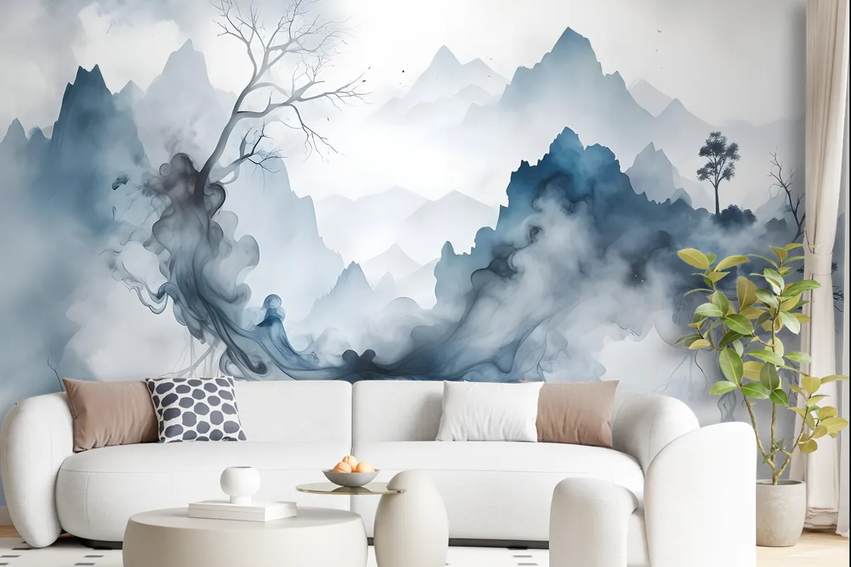 Abstract Colorful Smoke With Tree Wallpaper Mural