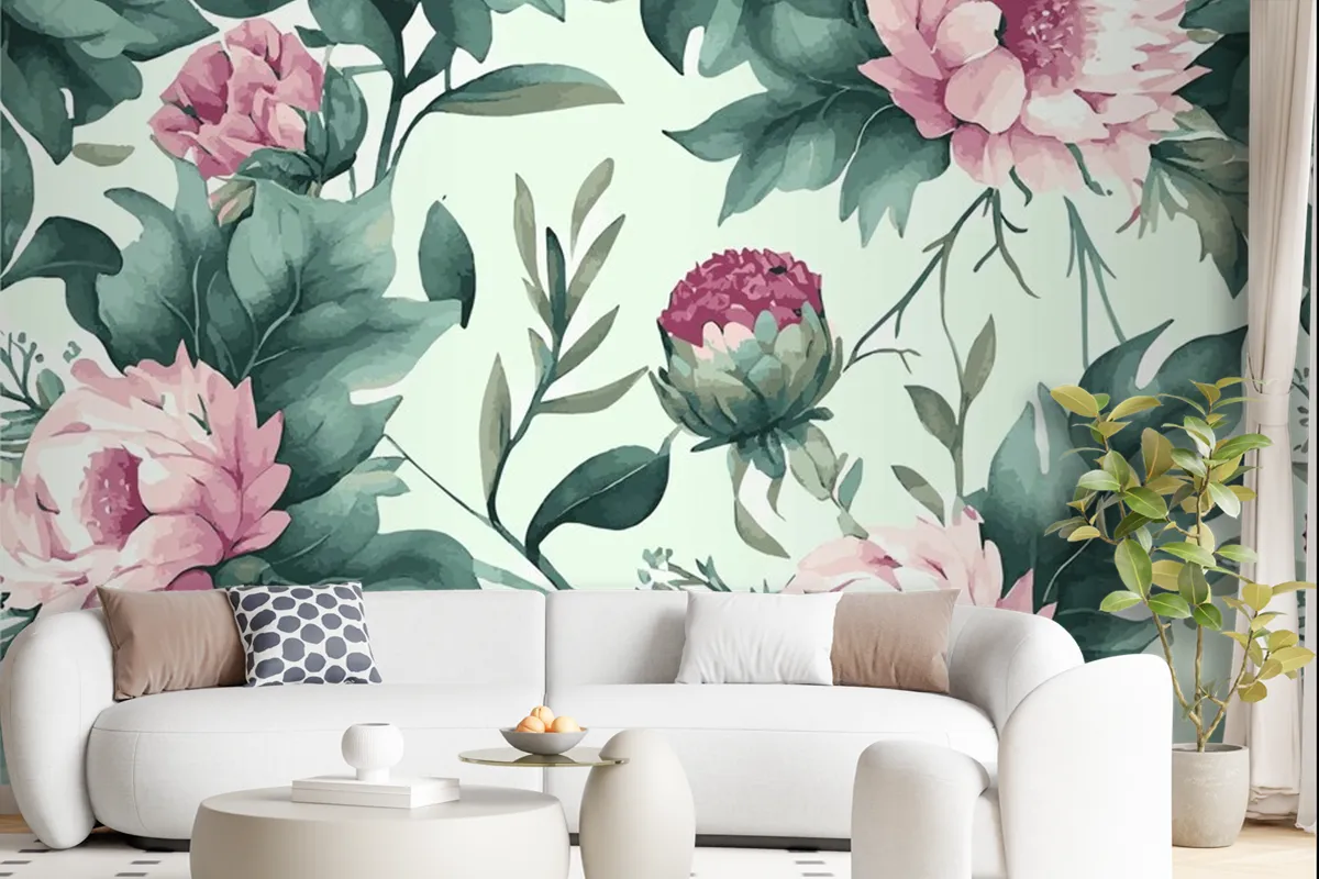 Abstract Floral Art  Botanical Watercolor Hand Drawn Flowers Wallpaper Mural