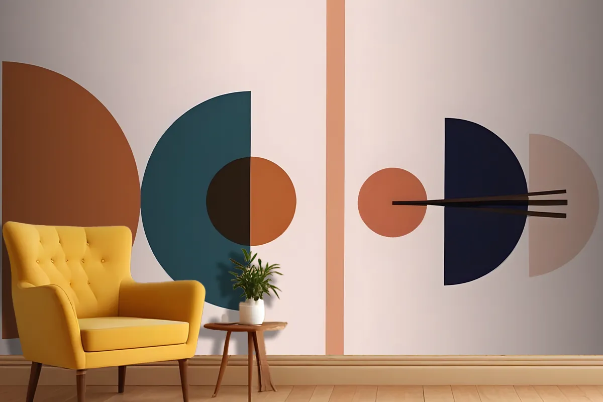 Abstract Geometric Shapes In Various Shades Of Blue Orange And Brown Against A Light Pink Wallpaper Mural