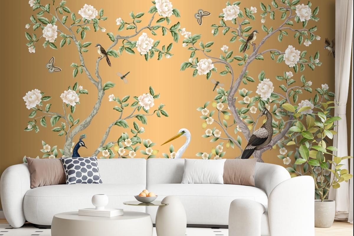 Chinoiserie Mural With Peacocks And Flowers Trees Wallpaper Mural