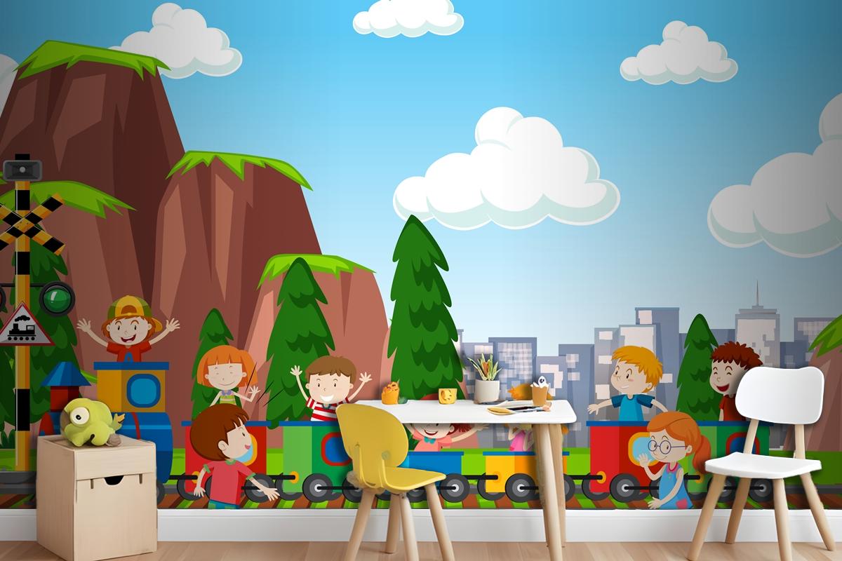 Active Boys And Girls Playing Sport And Fun Activities Outside Wallpaper Mural