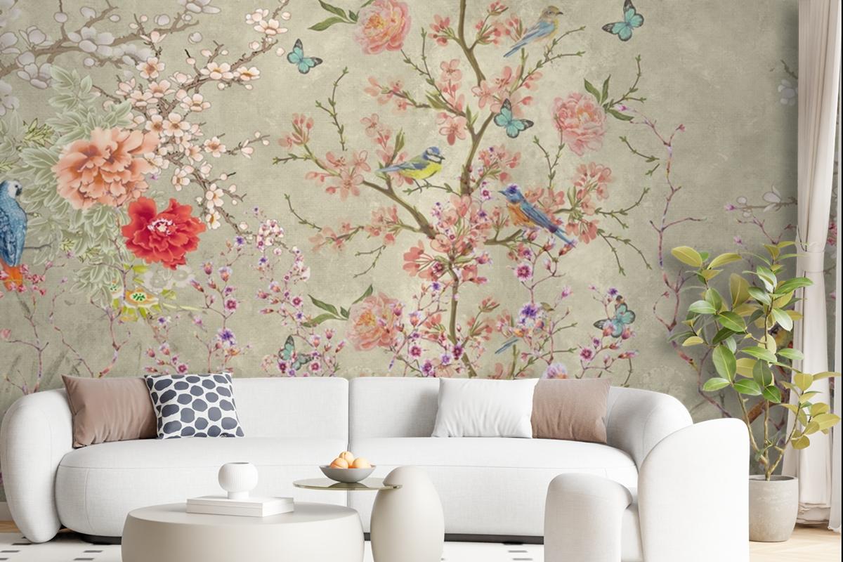 Whimsical Birds Blooms A Dance of Nature's Delicacy Wallpaper mural