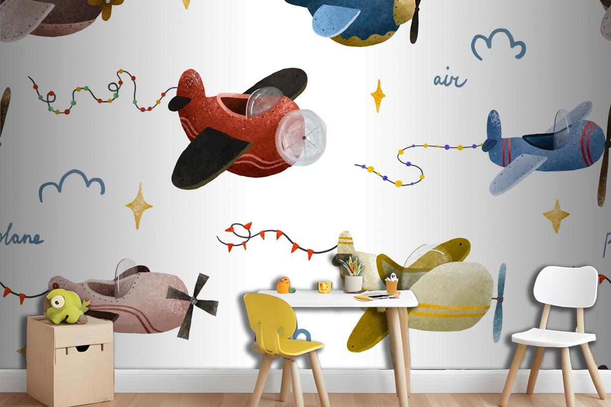 Aircraft And Clouds In Scandinavian Style Boy Wallpaper Mural