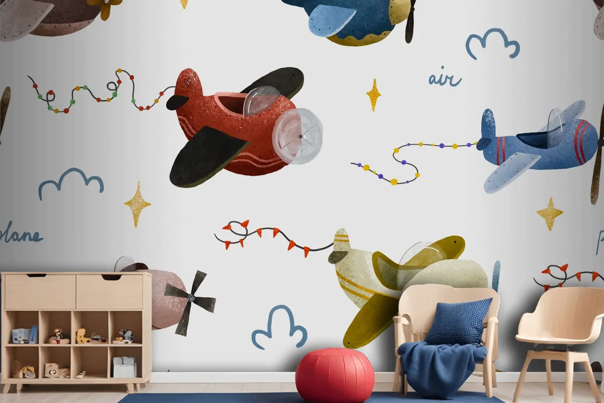 Aircraft And Clouds In Scandinavian Style Boy Wallpaper Mural