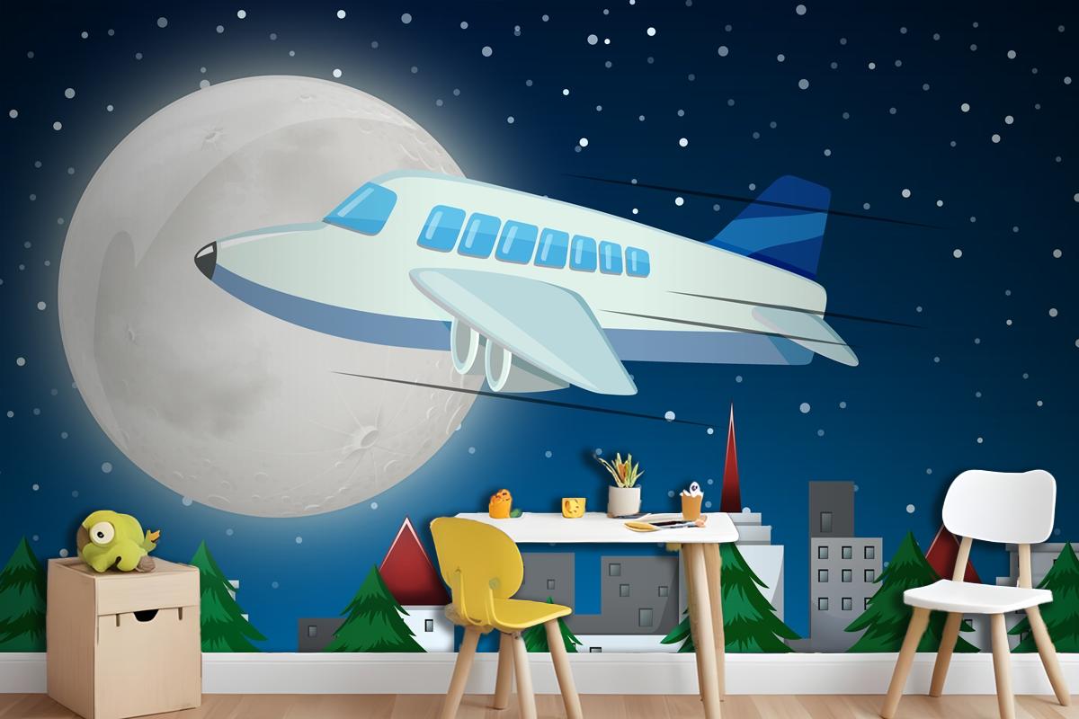 Airplane Flying Over Sky At Night Wallpaper Mural