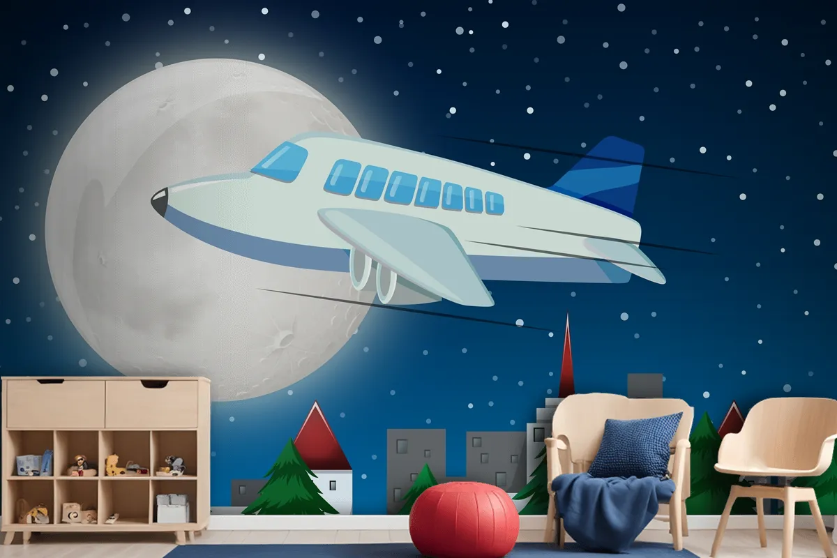 Airplane Flying Over Sky At Night Wallpaper Mural