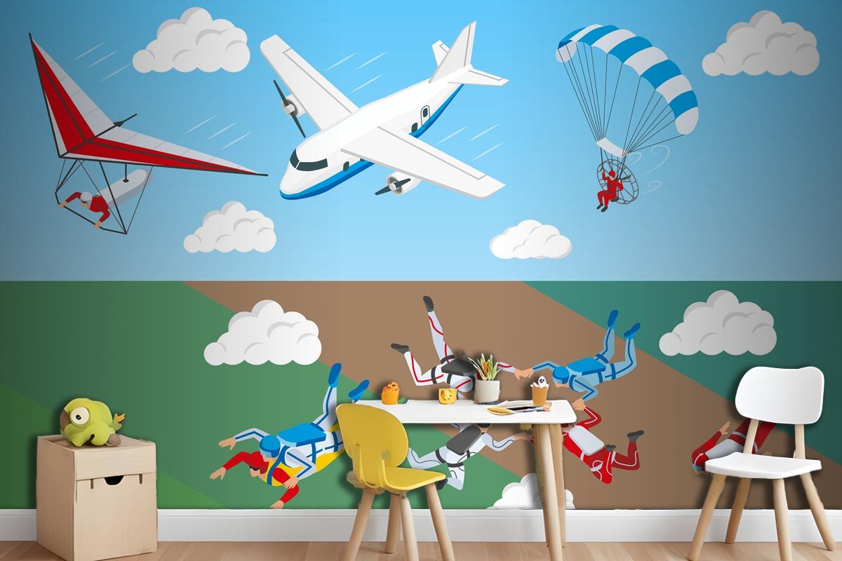 Airplane Hang Glider And Group Of People Skydiving In Sky Wallpaper Mural