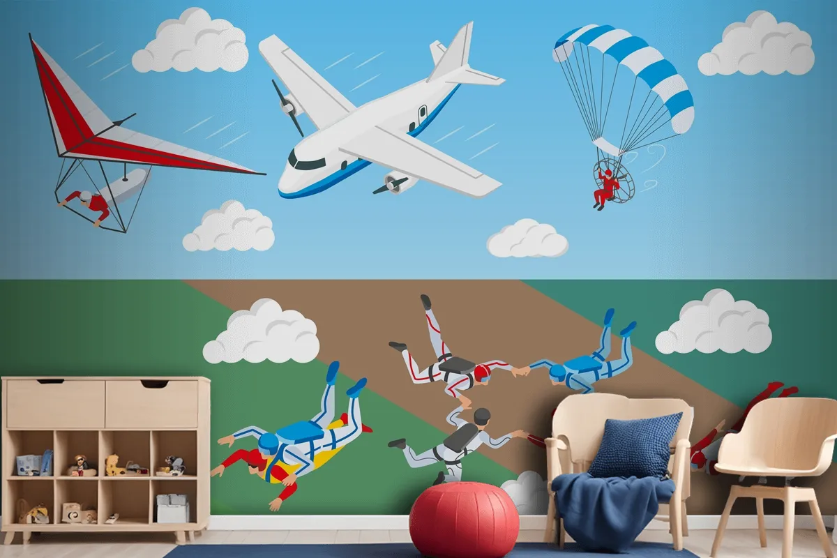 Airplane Hang Glider And Group Of People Skydiving In Sky Wallpaper Mural