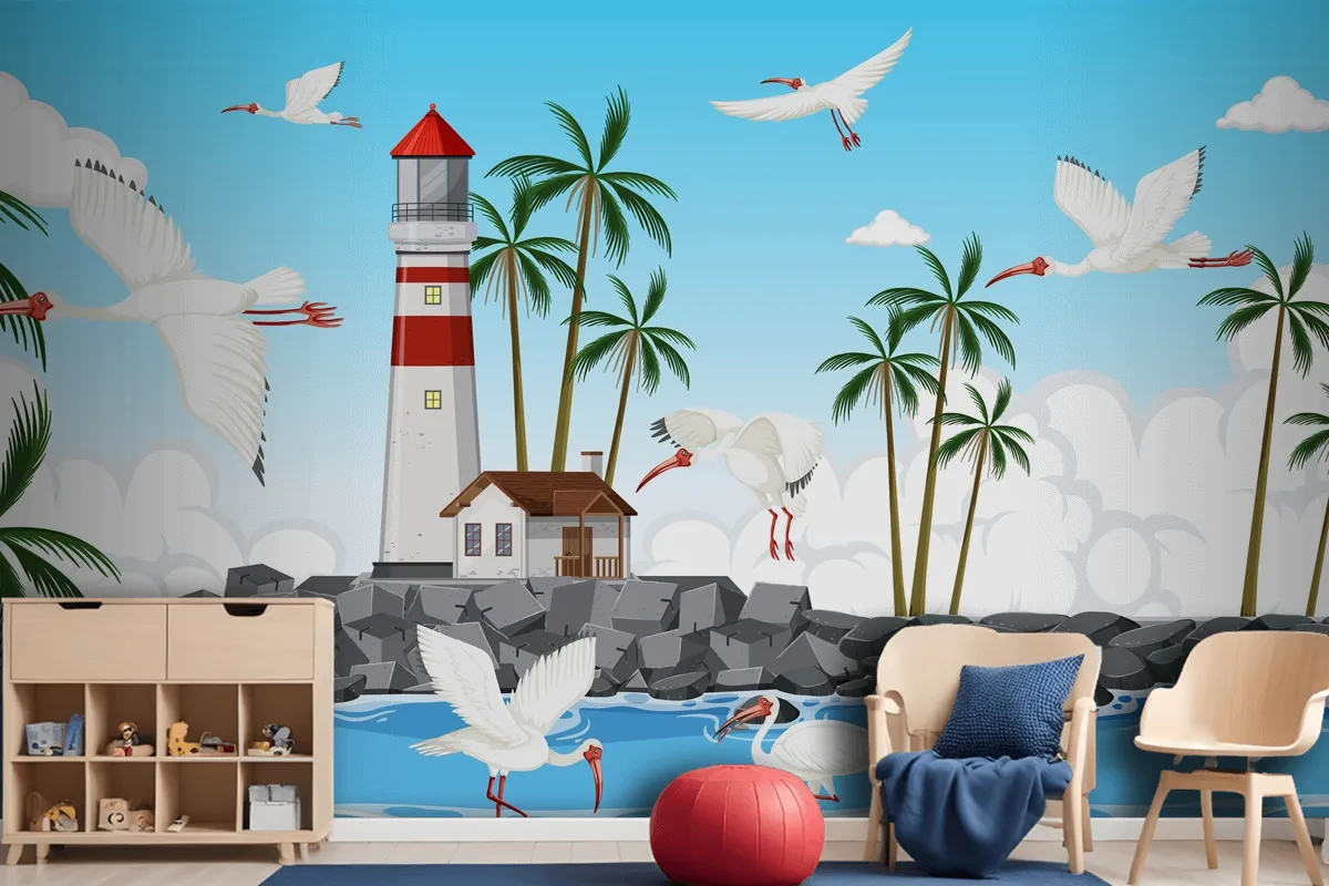 American White Ibis Group At The Coast Wallpaper Mural