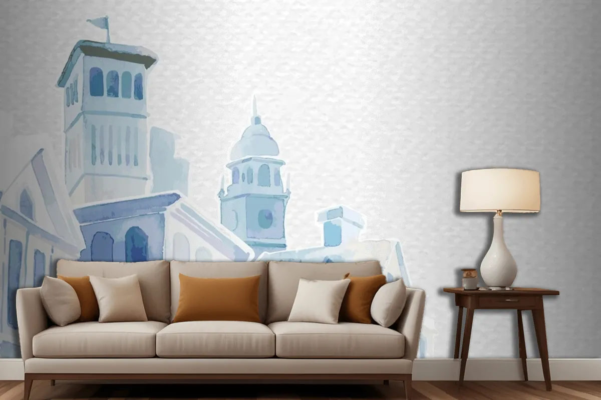 Architectural Mediterranean Buildings In Watercolor On White Paper Textured Living Room Wallpaper Mural