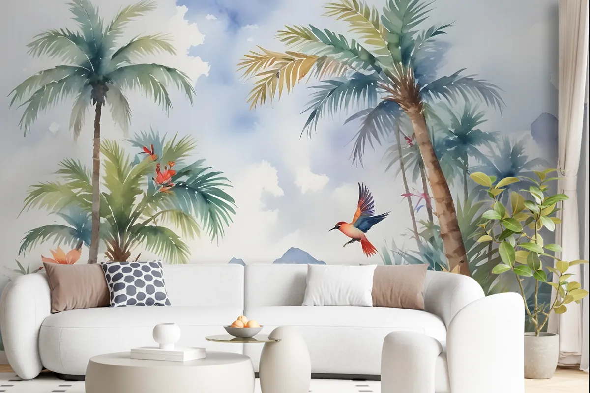 Art Painting Colorful Landscape With Birds Wallpaper Mural