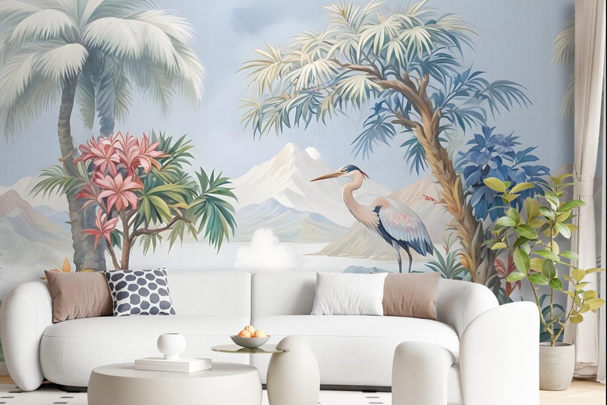 Art Painting Colorful Landscape With Heron Birds Wallpaper Mural