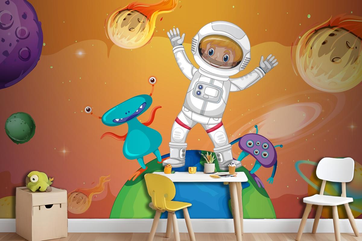 Astronaut Kid With Aliens Standing On The Earth In Space Scene Wallpaper Mural