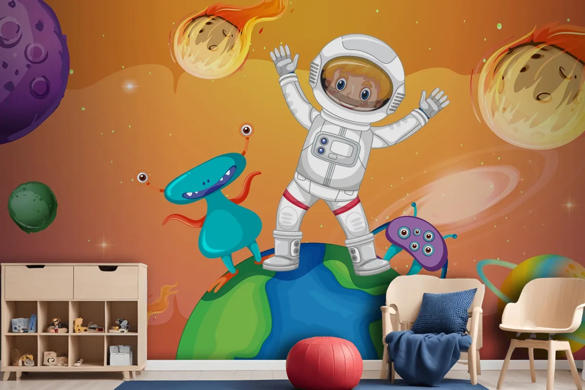 Astronaut Kid With Aliens Standing On The Earth In Space Scene Wallpaper Mural