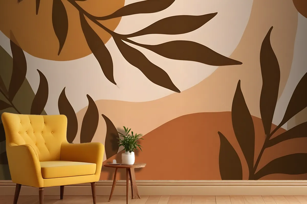 Autumn Leaves In Warm Colors Against A Beige Wallpaper Mural