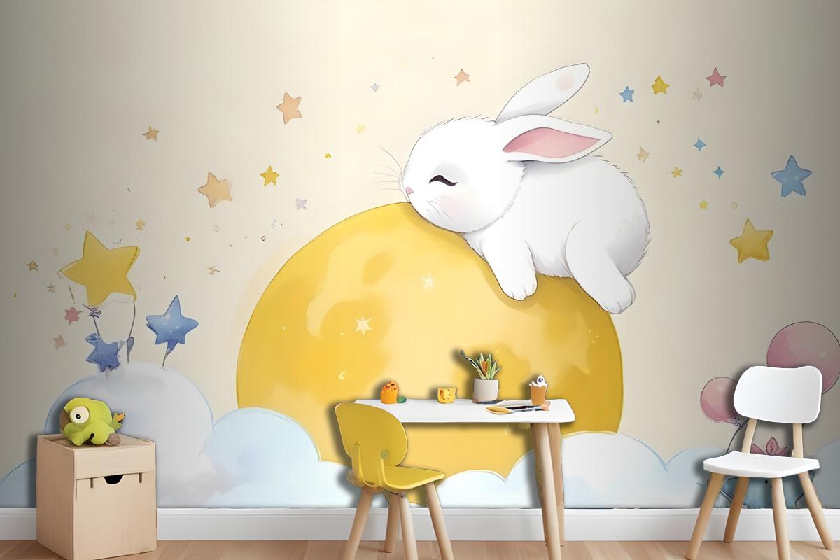 Baby Cartoon Rabbit And Yellow Moon Wallpaper Mural