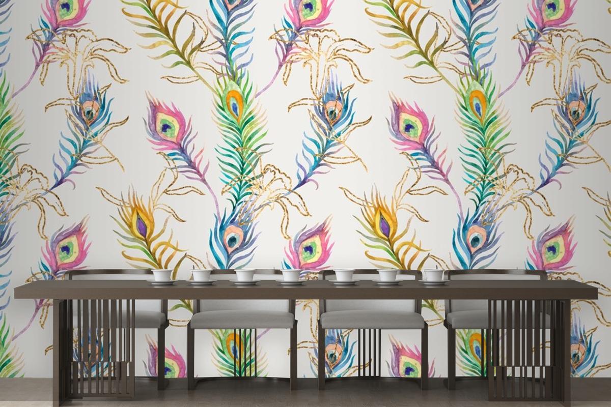 Background Of Peacock Feather Colorful Watercolor Pattern Wallpaper Mural