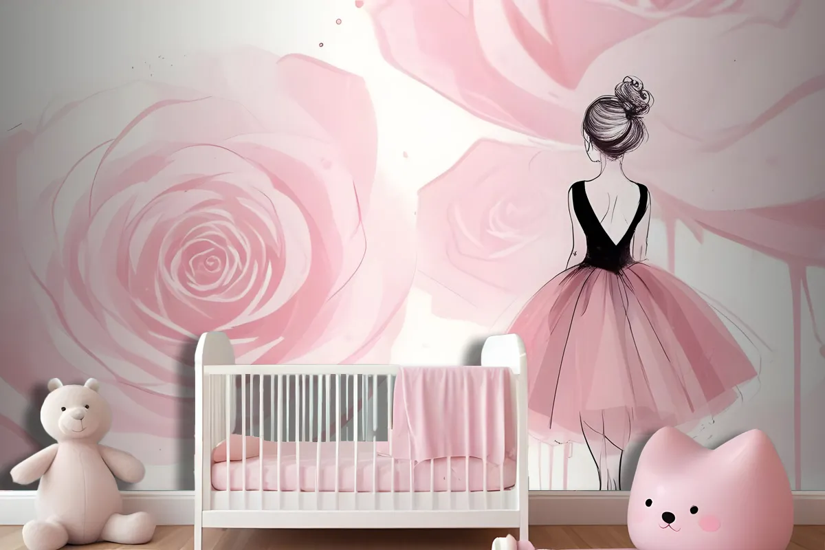 Ballerina Girl And Pink Roses Wallpaper Mural