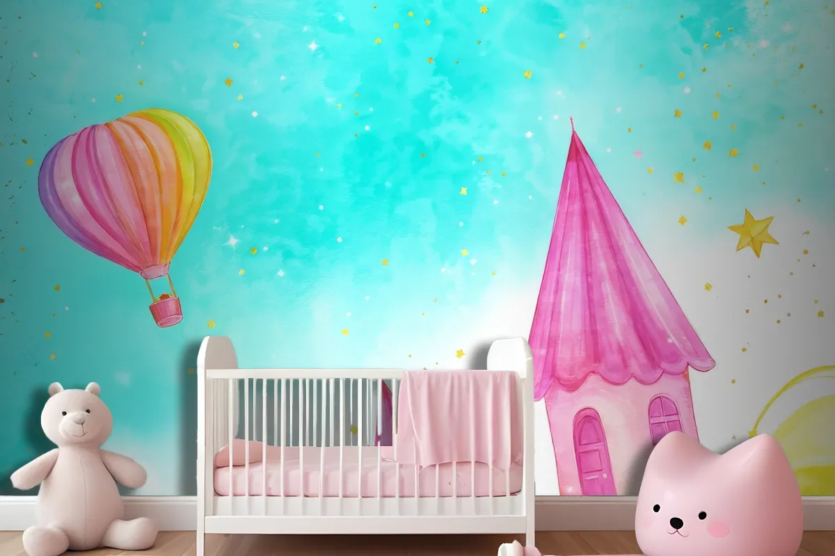 Balloon With A Flying Fairytale Watercolor Wallpaper Mural