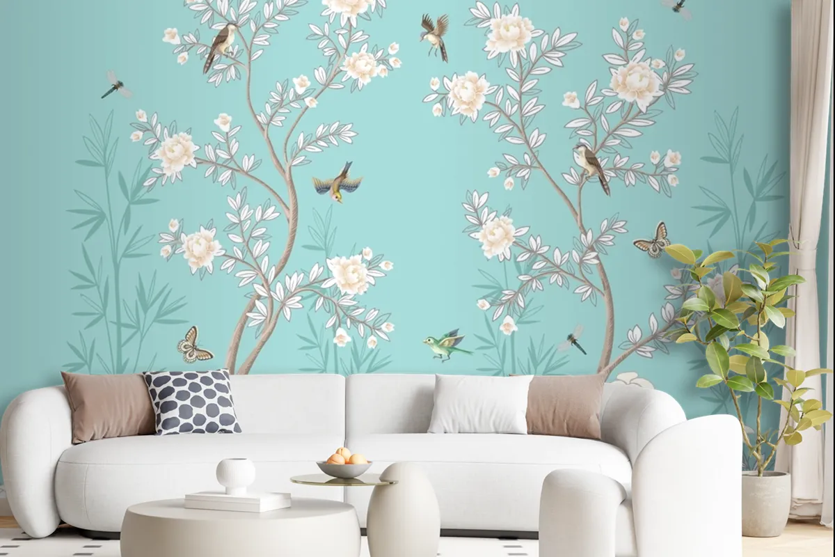 Chinoiserie Mural With Peonies And Birds Turquoise Wallpaper Mural