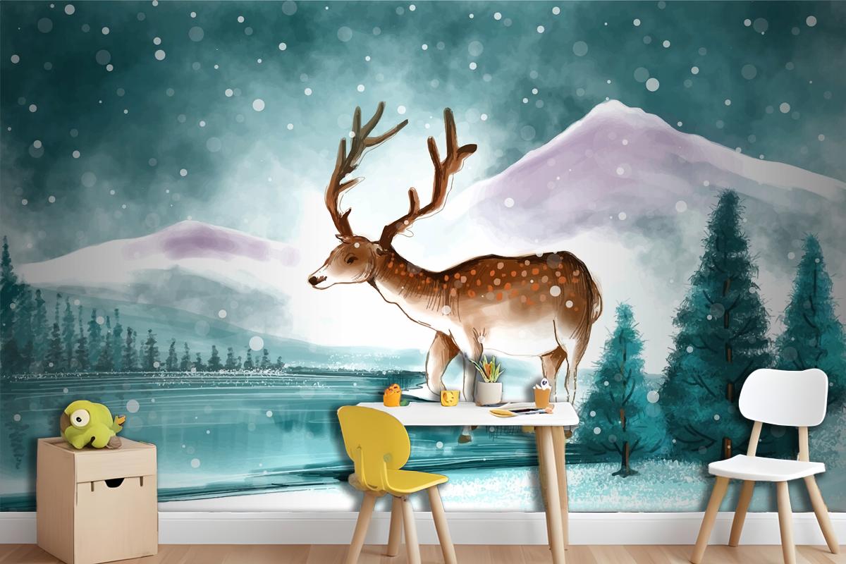 Beautiful Christmas Landscape In Winter With Christmas Deer Card Wallpaper Mural