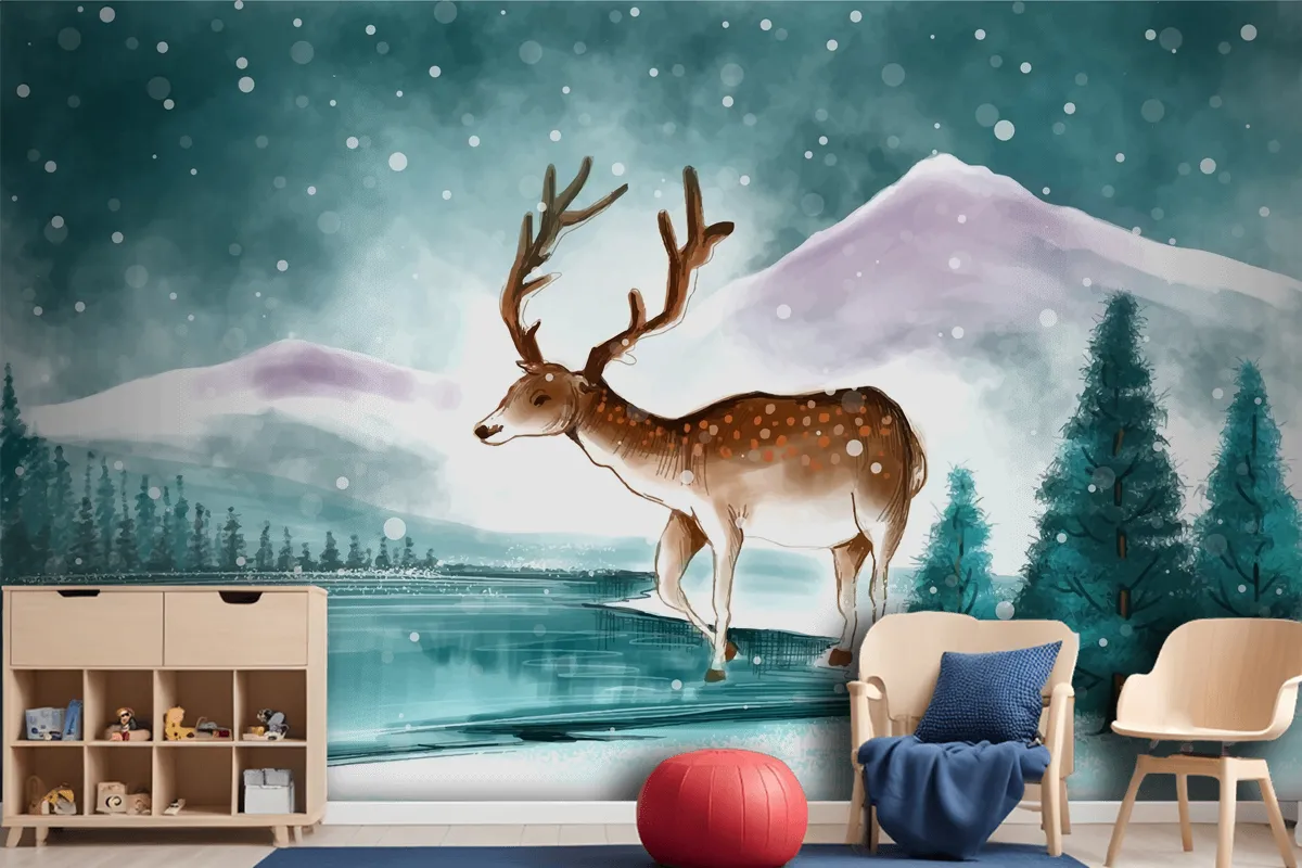 Beautiful Christmas Landscape In Winter With Christmas Deer Card Wallpaper Mural