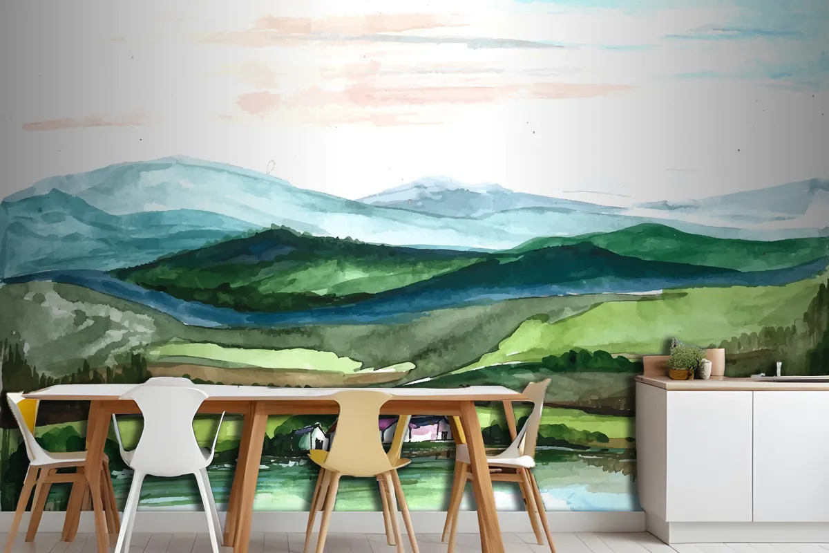 Beautiful Landscape Mountain Hand Draw Painting Wallpaper Mural