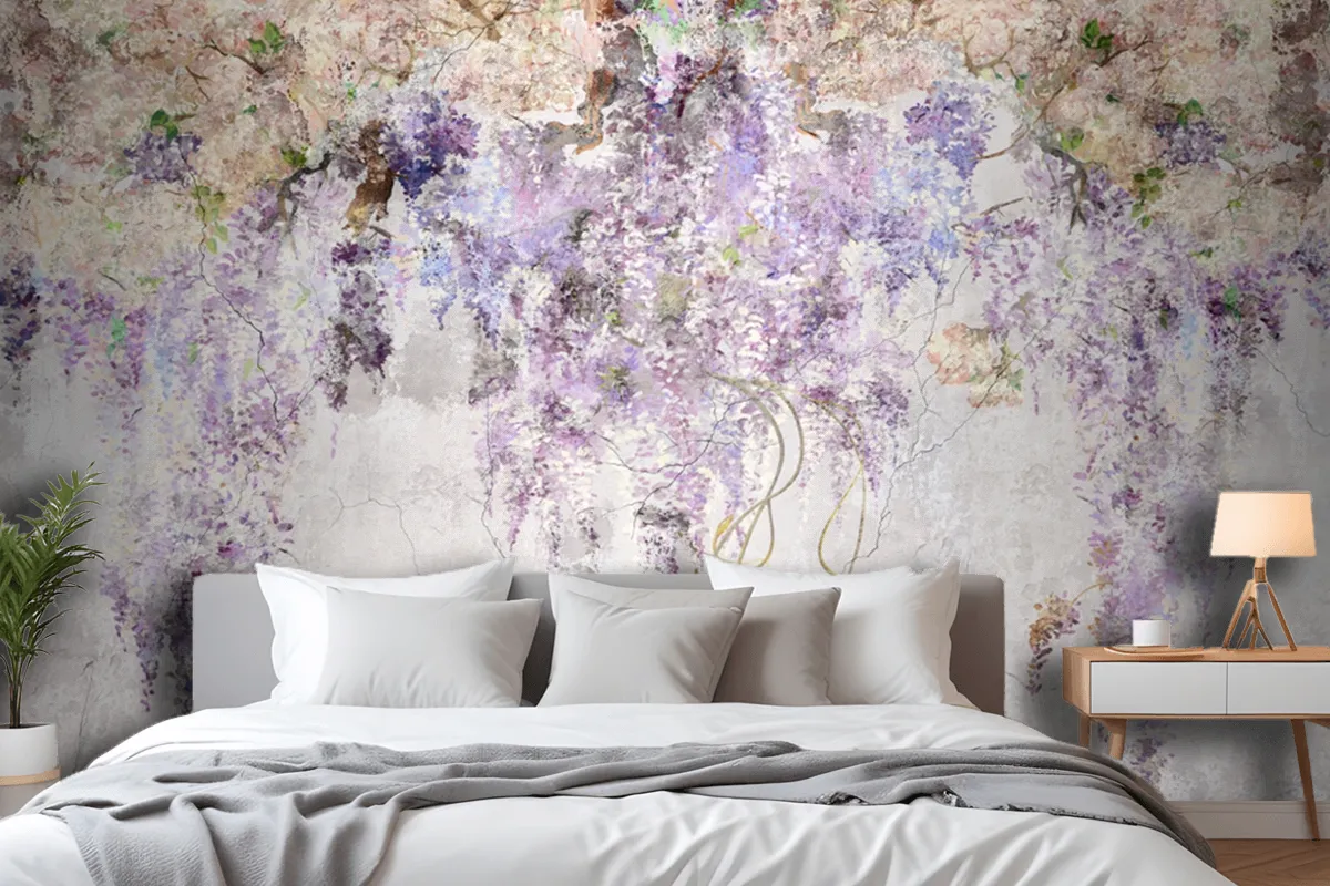 Beautiful Lilac Branches On The Concrete Grey Vintage Wallpaper Mural