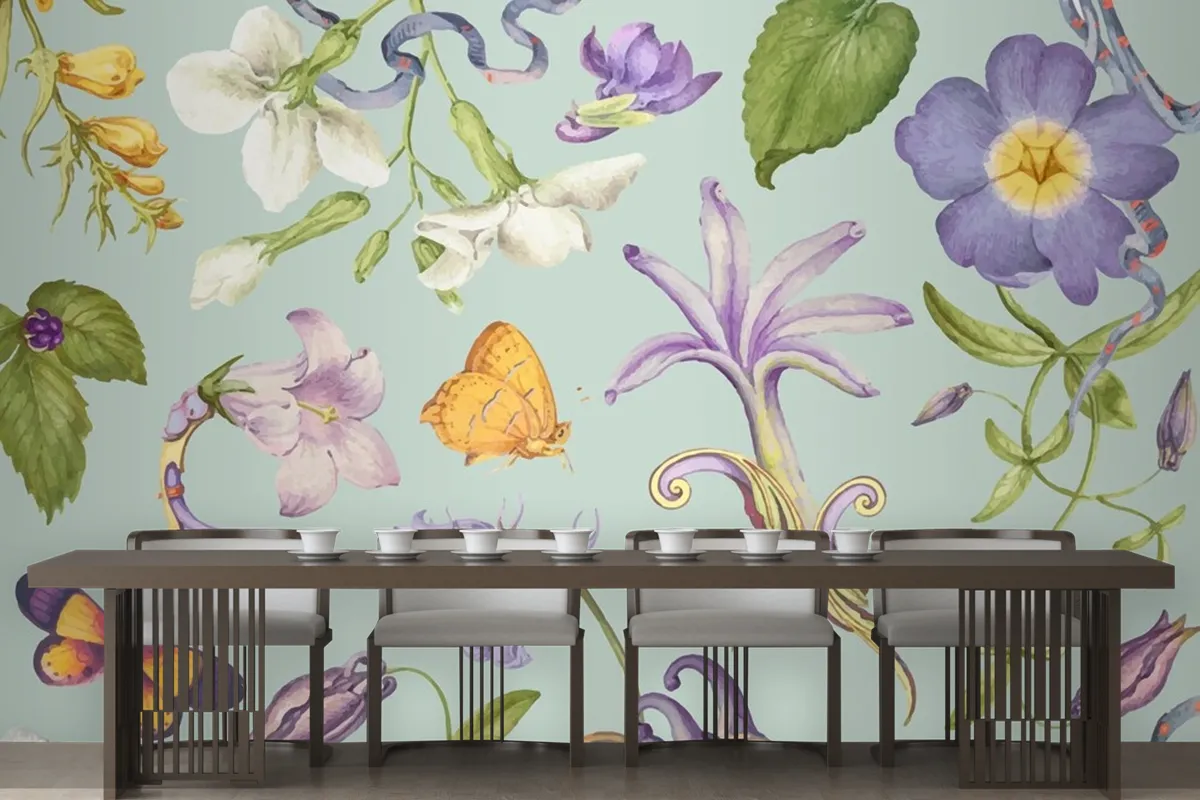 Beautiful Purple Floral Pattern On Green Wallpaper Mural