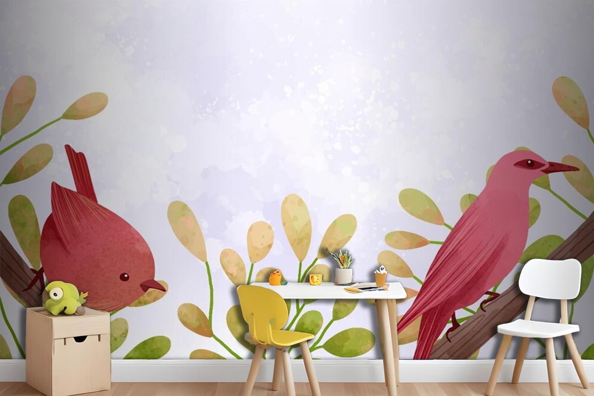 Beautiful Watercolor Of Birds Sitting On Branches Girl Wallpaper Mural