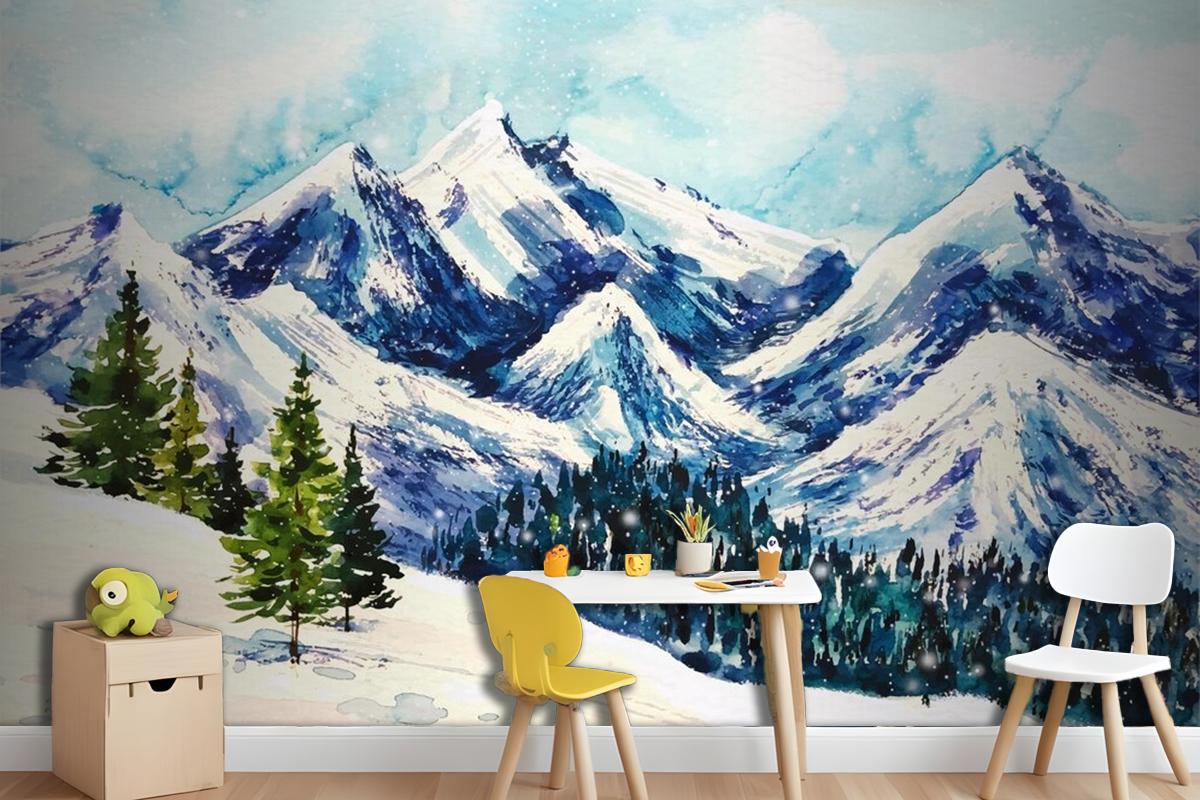 Beautiful Winter Landscape In Watercolor Background Wallpaper Mural