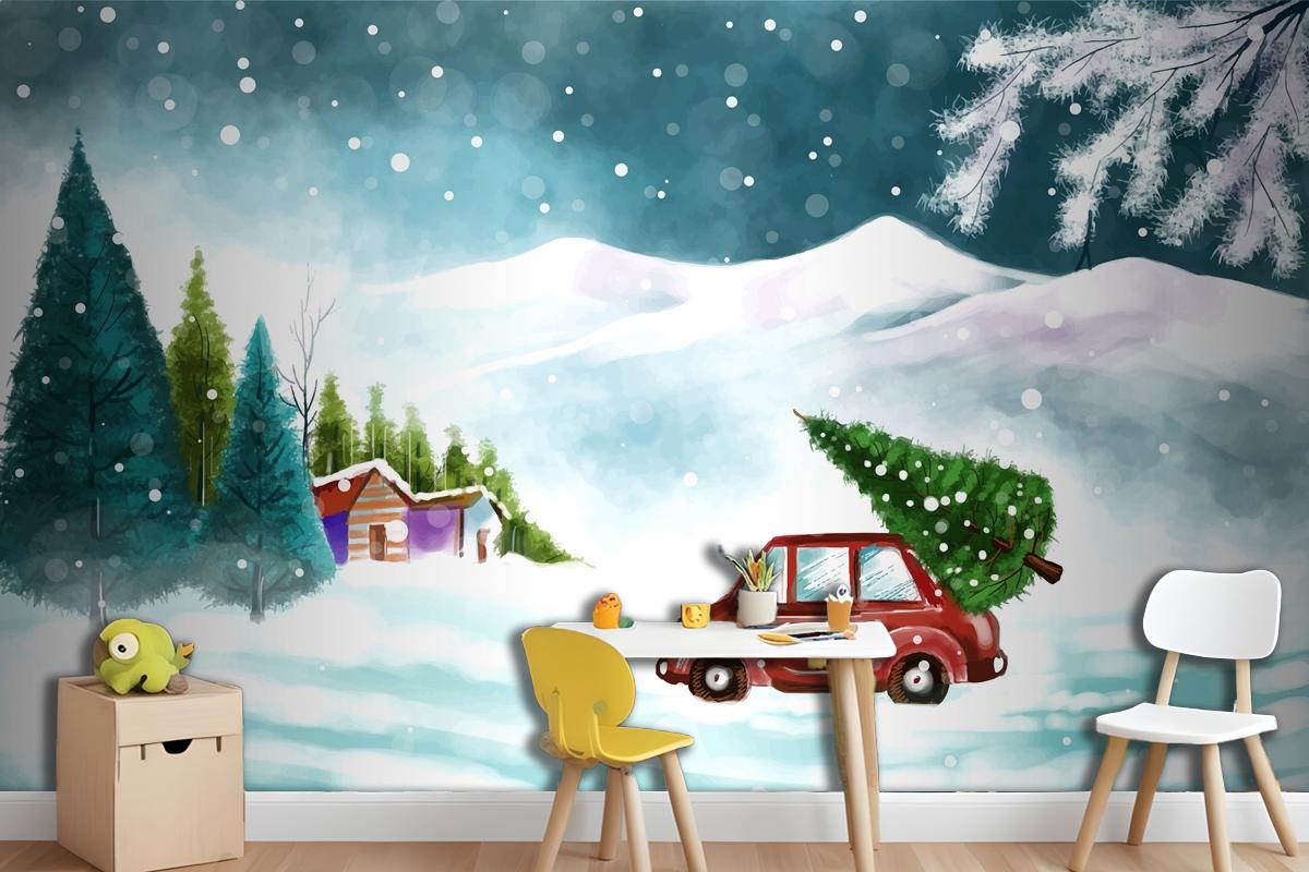 Beautiful Winter Landscape With Car In Snowy Christmas Tree Wallpaper Mural