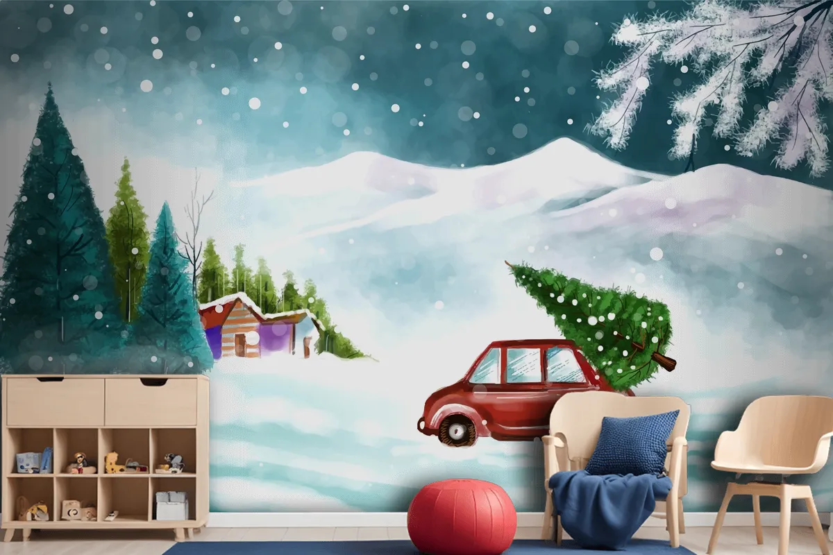 Beautiful Winter Landscape With Car In Snowy Christmas Tree Wallpaper Mural