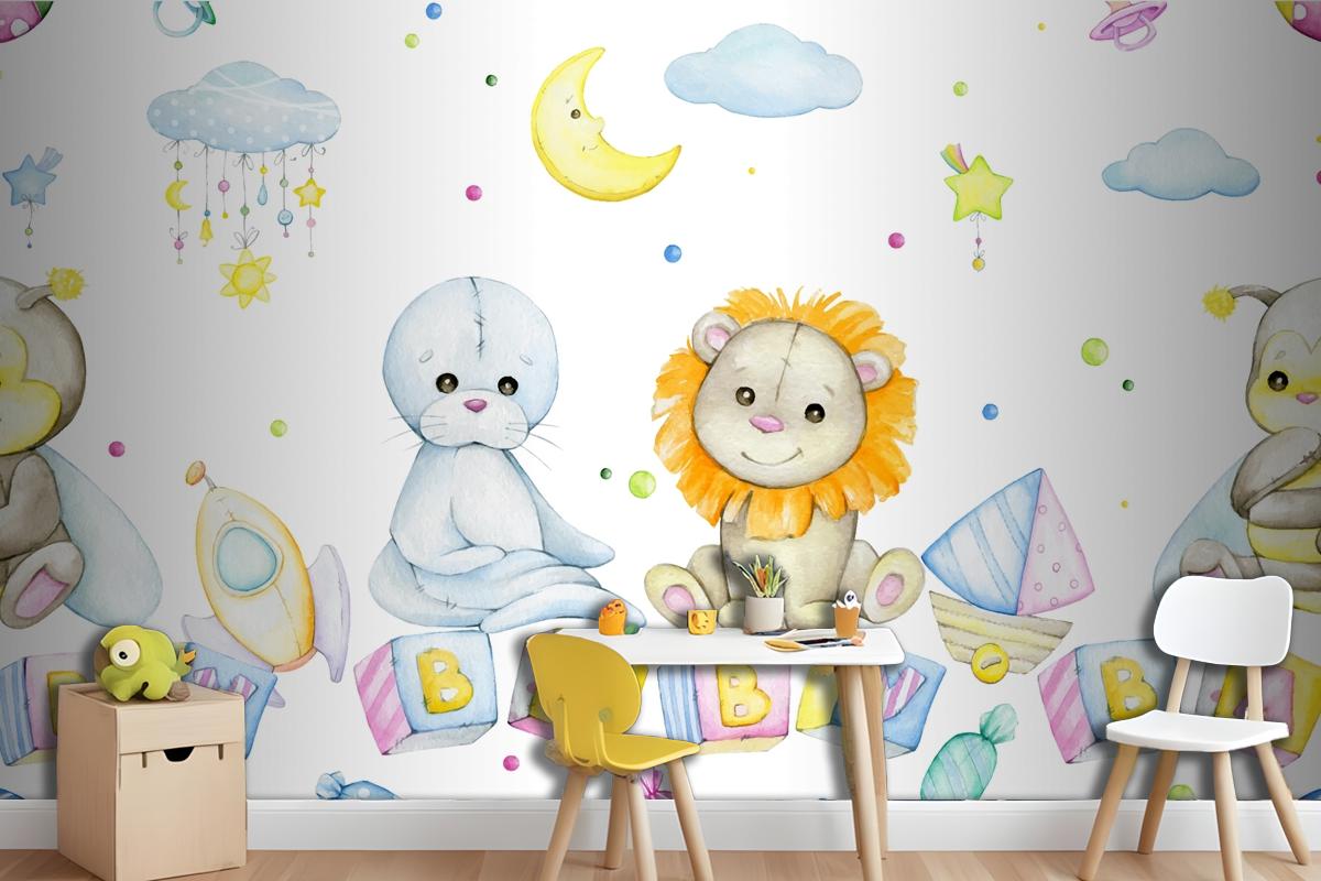 Bee Lion Seal Cubes With Letters Moon Stars Clouds Wallpaper Mural