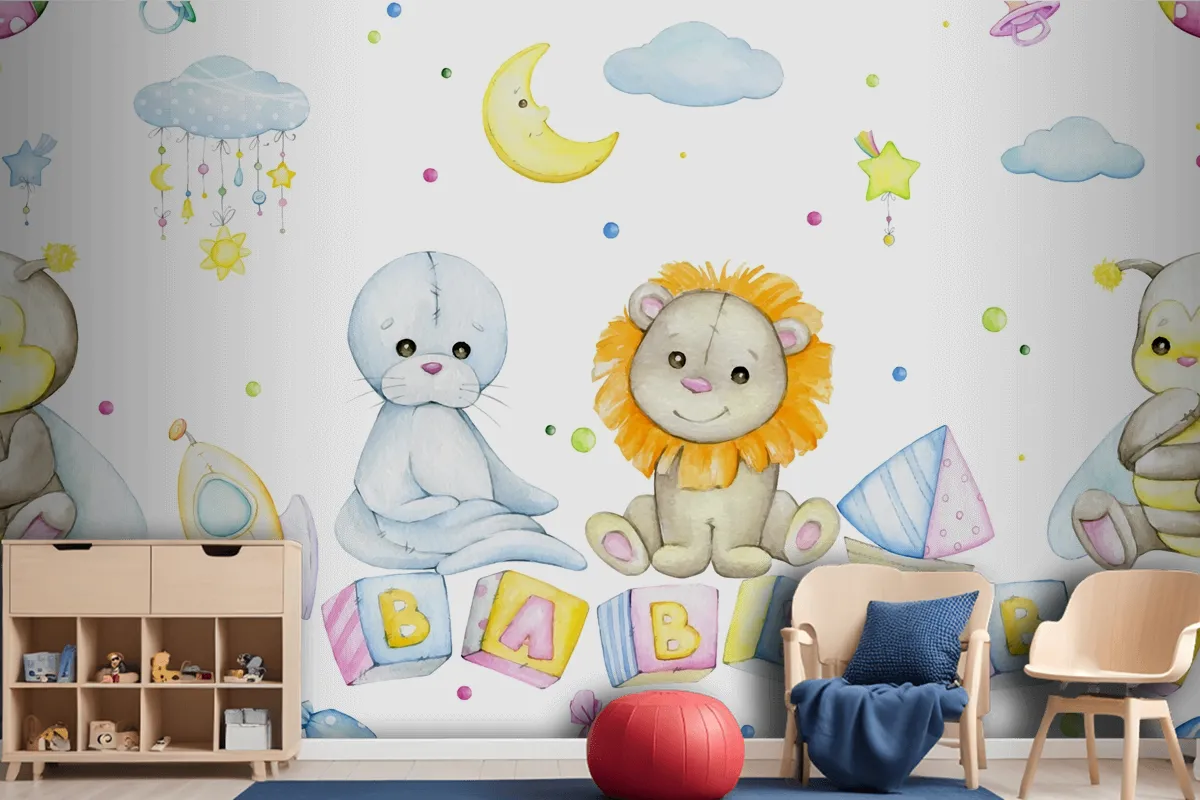 Bee Lion Seal Cubes With Letters Moon Stars Clouds Wallpaper Mural