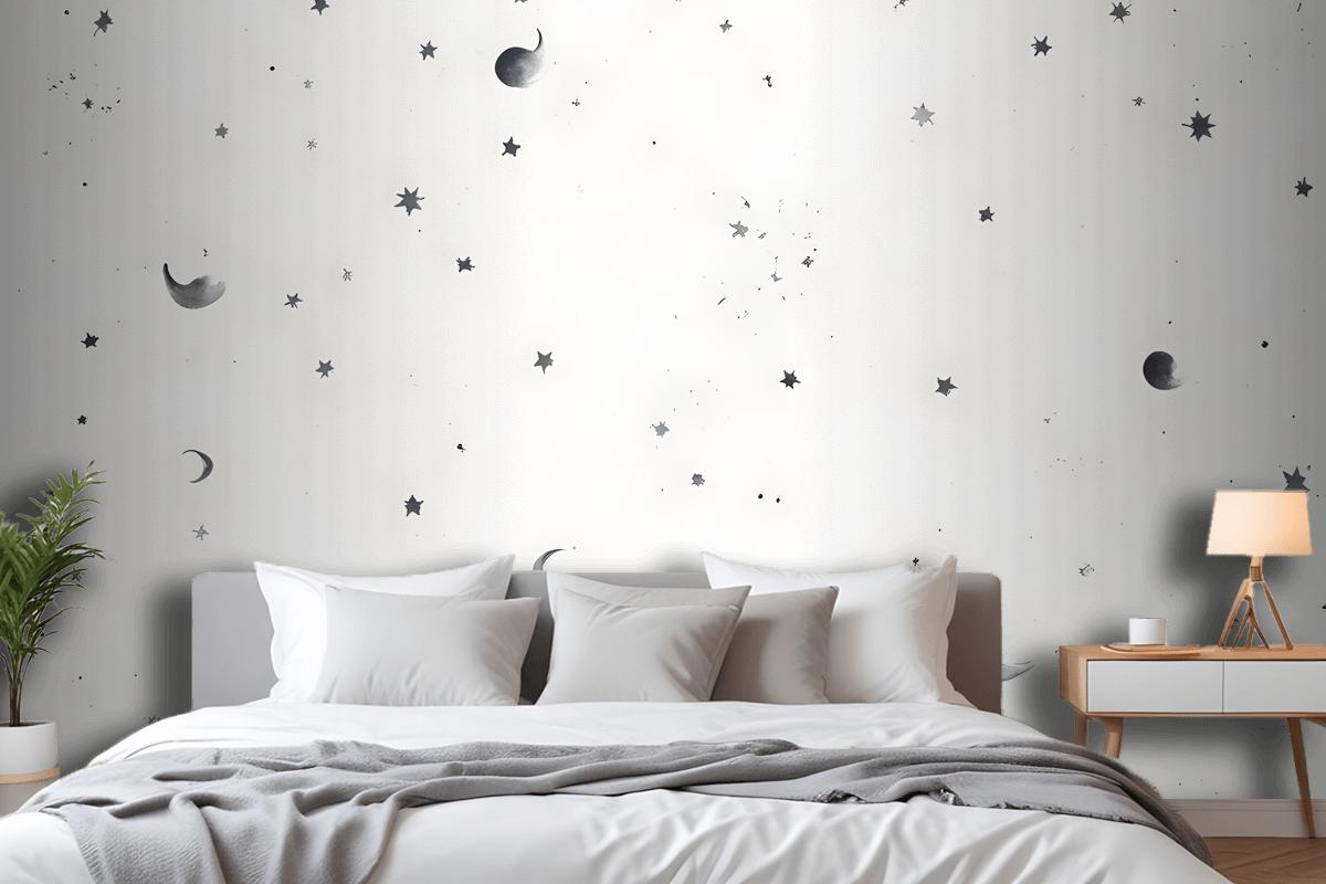 Black & White Moon & Stars Wallpaper Mural