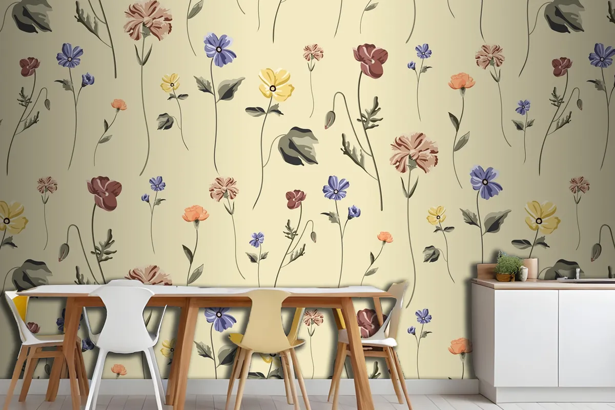 Blooming Flower Seamless Pattern On A Beige Wallpaper Mural