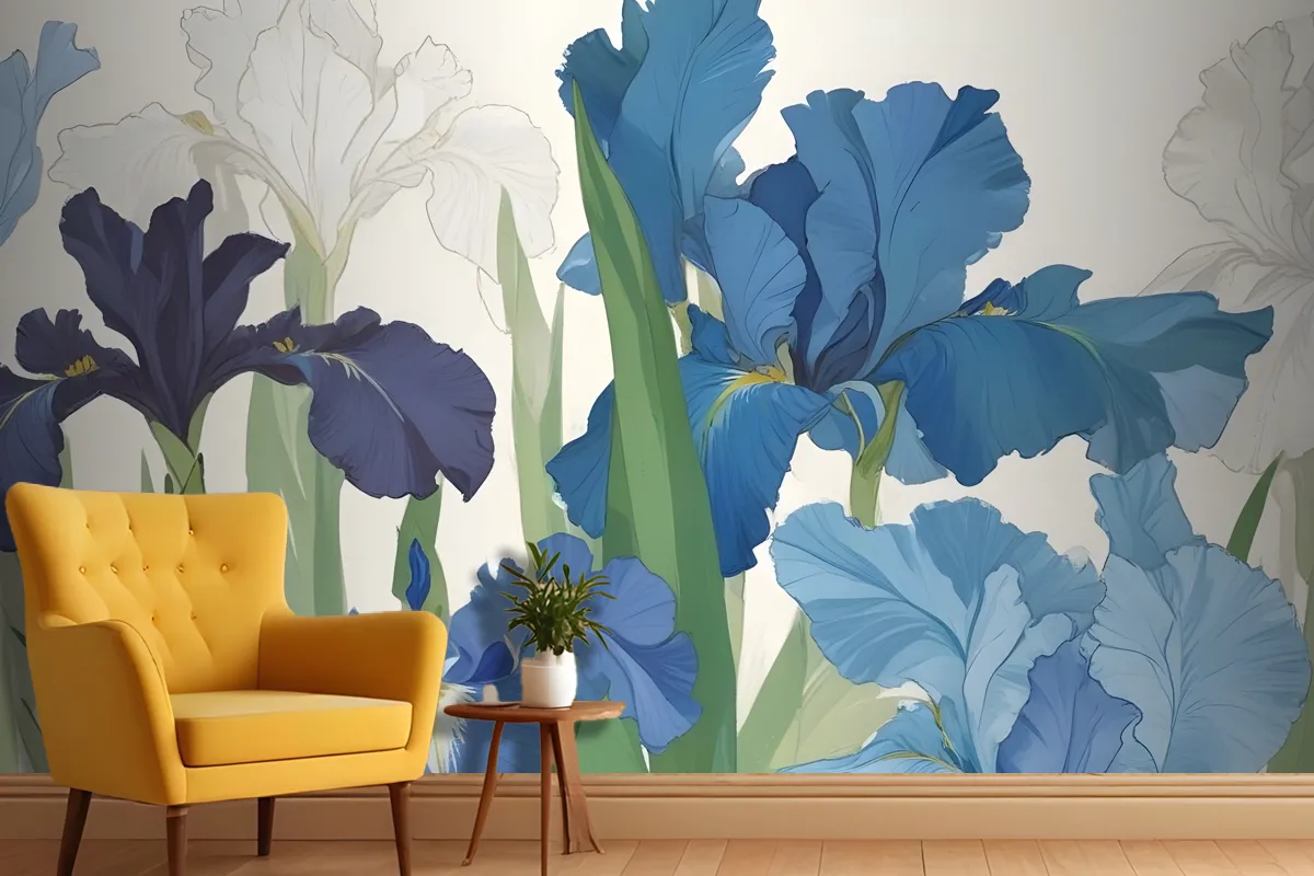 Blue And White Irises With Green Leaves Against A Light Wallpaper Mural